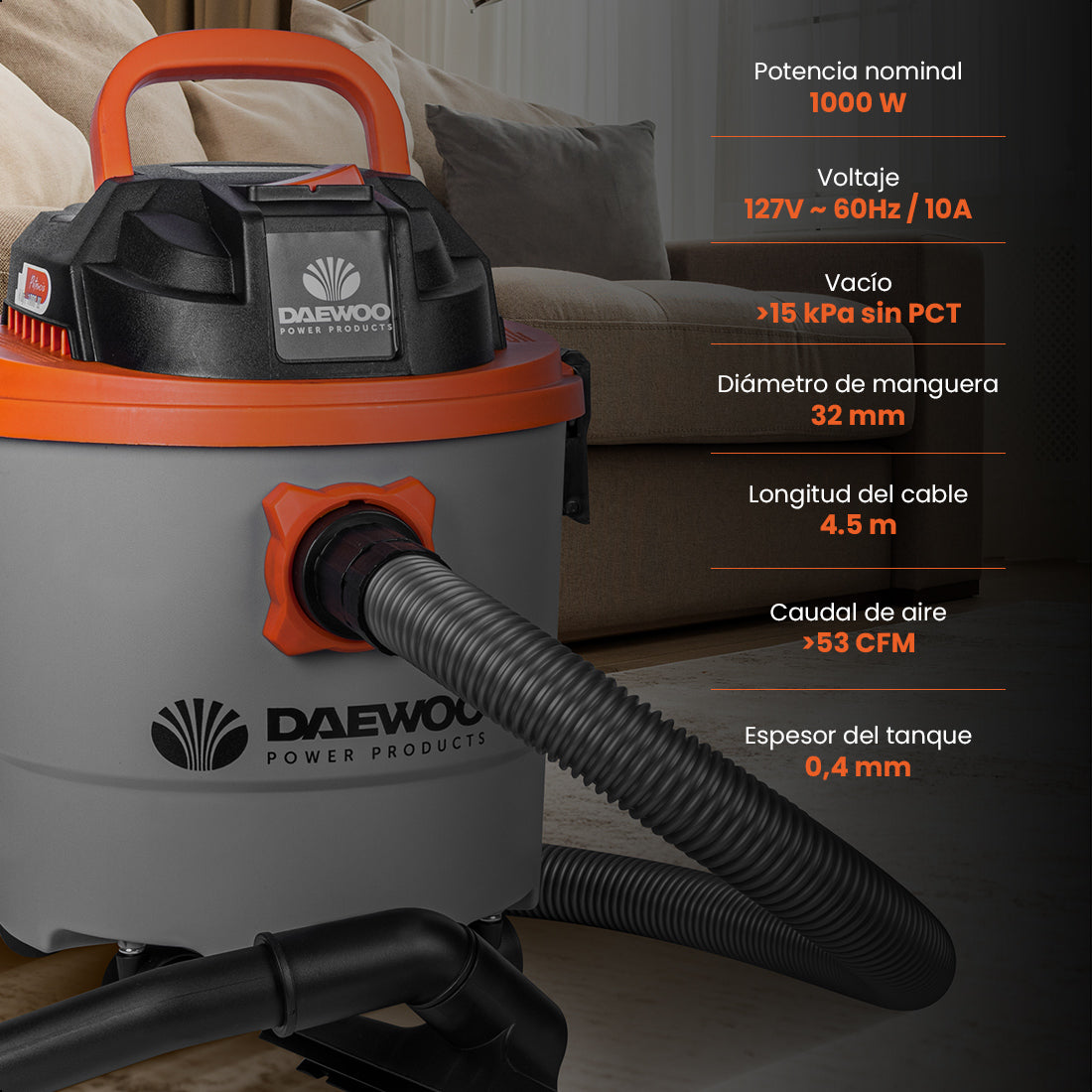 Aspiradora Polvo y Agua 15 litros 4HP Seco/Húmedo DAEWOO