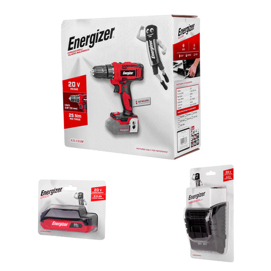 Taladro Inalámbrico Compacto 3/8” 20V ENERGIZER con Batería 2Ah y Cargador – Ideal para Uso Doméstico y de Bricolaje "