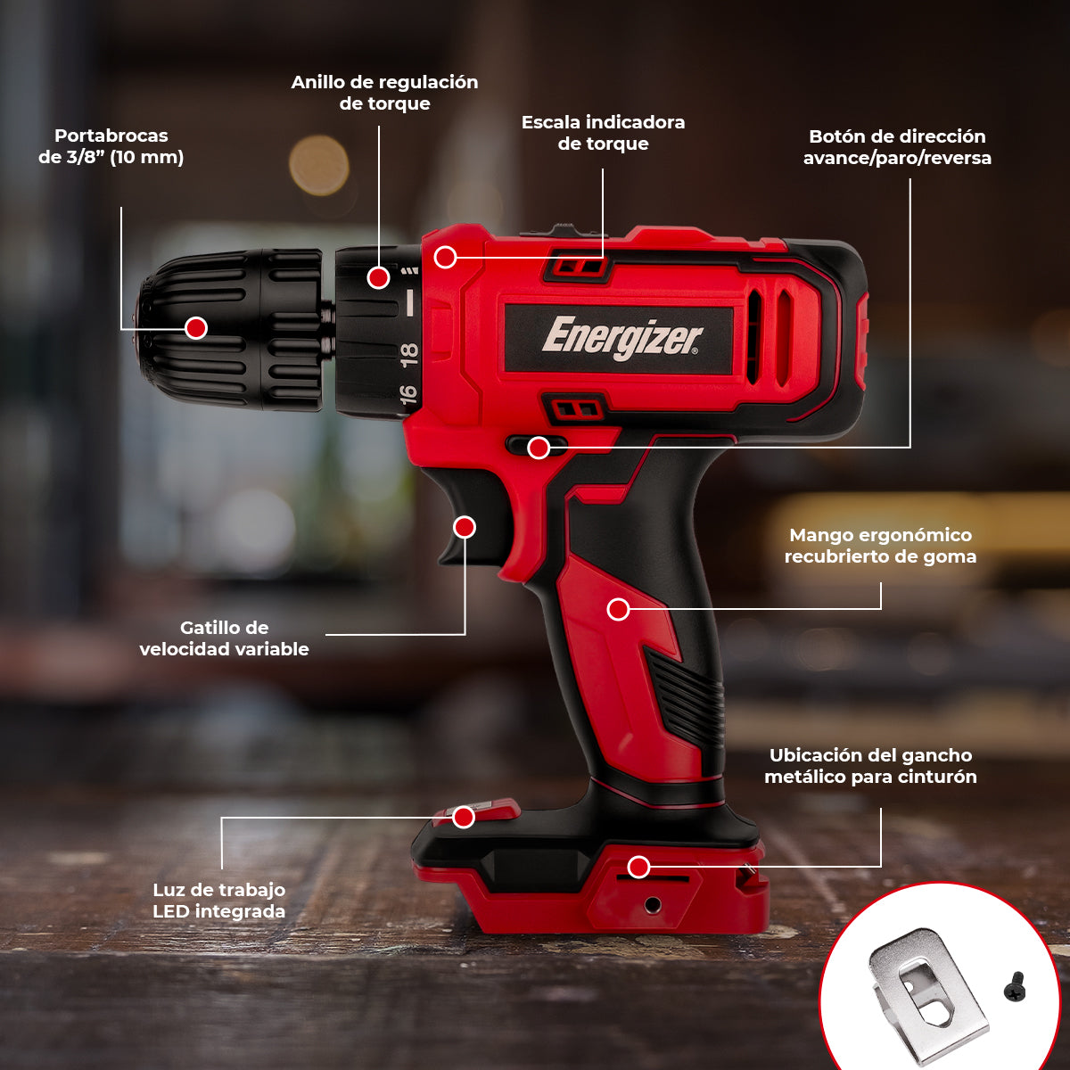 Taladro Inalámbrico Compacto 3/8” 20V ENERGIZER con Batería 2Ah y Cargador – Ideal para Uso Doméstico y de Bricolaje "