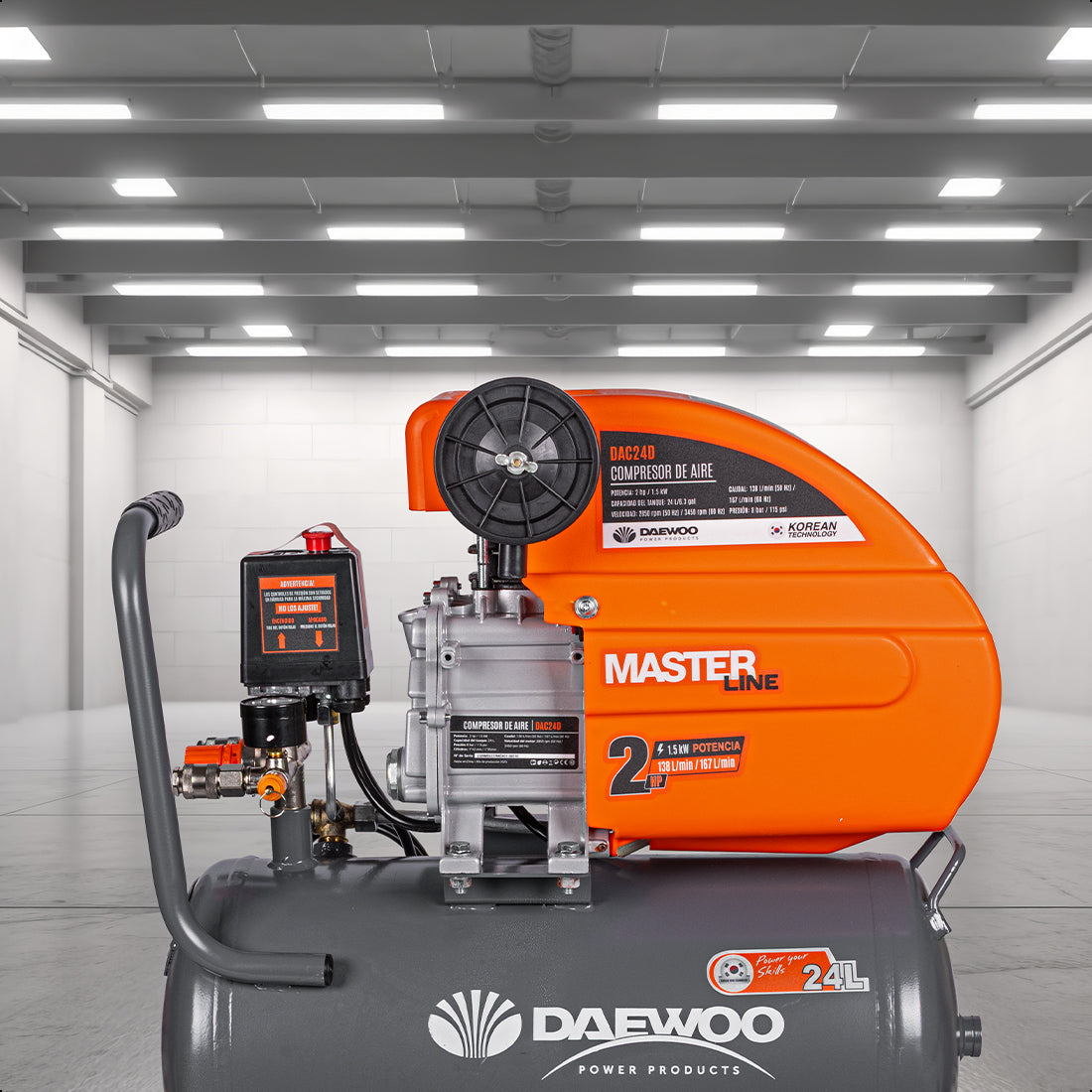 Compresor de aire, lubricado, horizontal 24L 2HP 110V 115psi (+kit) DAEWOO