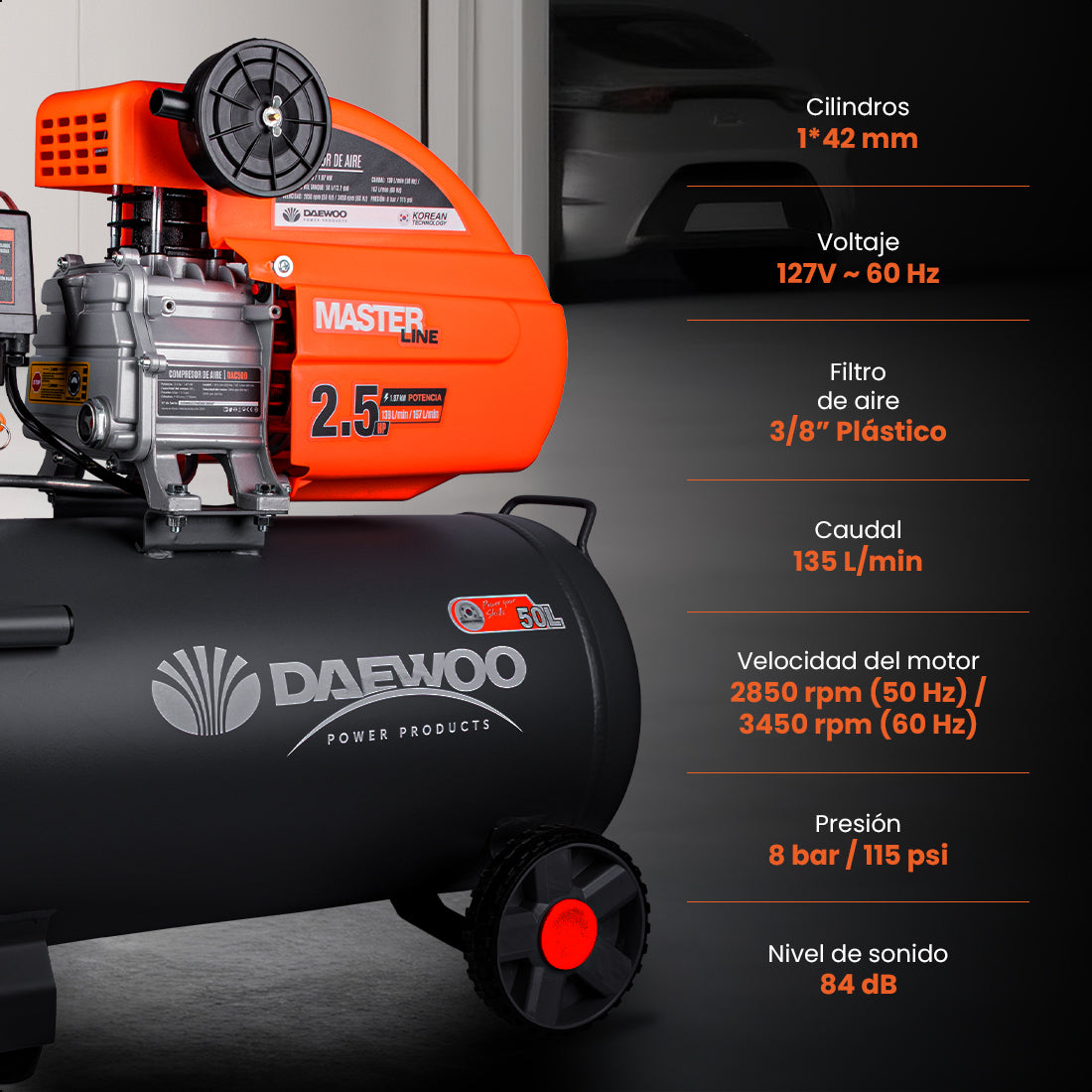 Compresor de aire, lubricado, horizontal 50L 2.5HP 110V 115psi DAEWOO