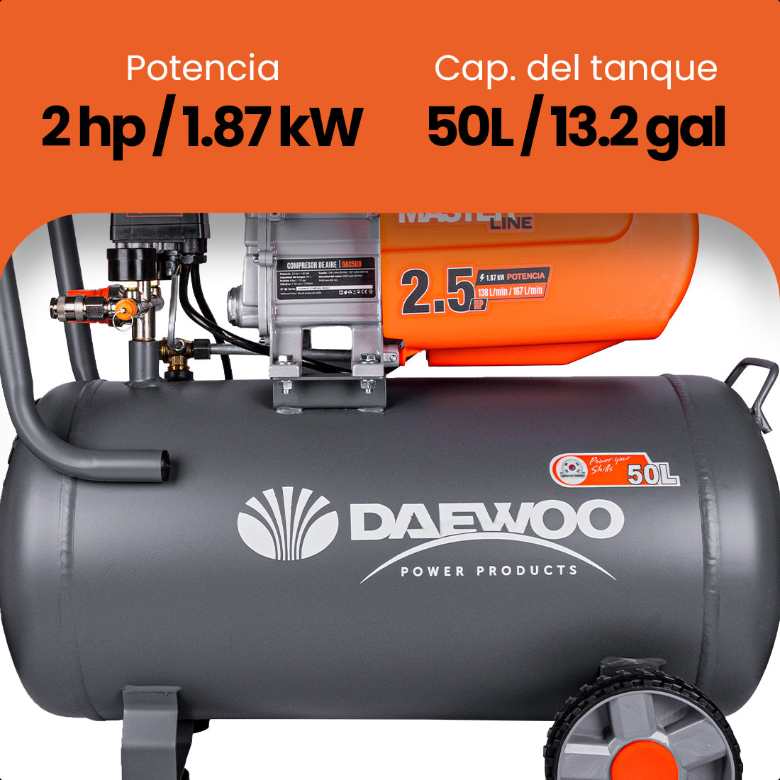 Compresor de aire, lubricado, horizontal 50L 2.5HP 110V 115psi DAEWOO