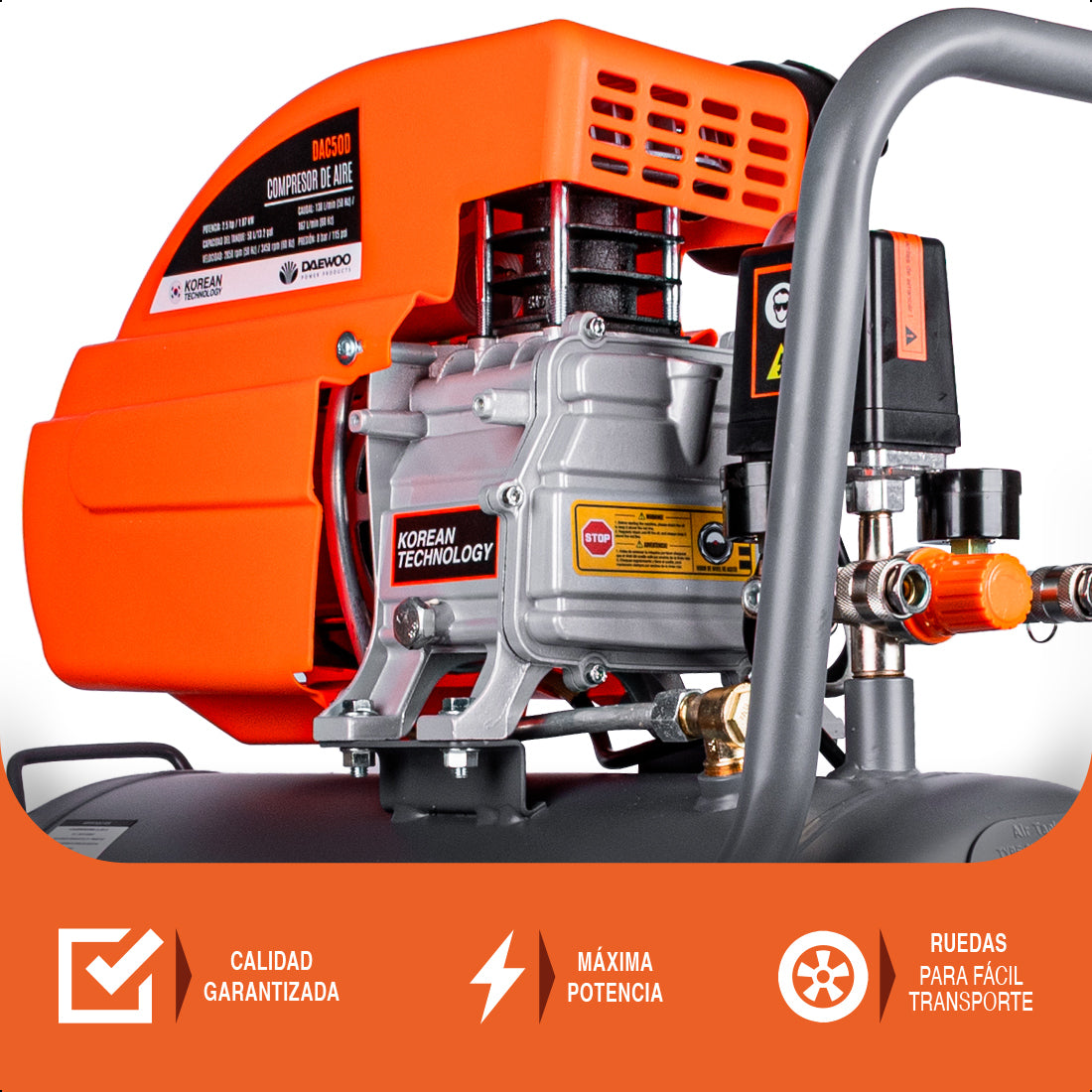 Compresor de aire, lubricado, horizontal 50L 2.5HP 110V 115psi DAEWOO