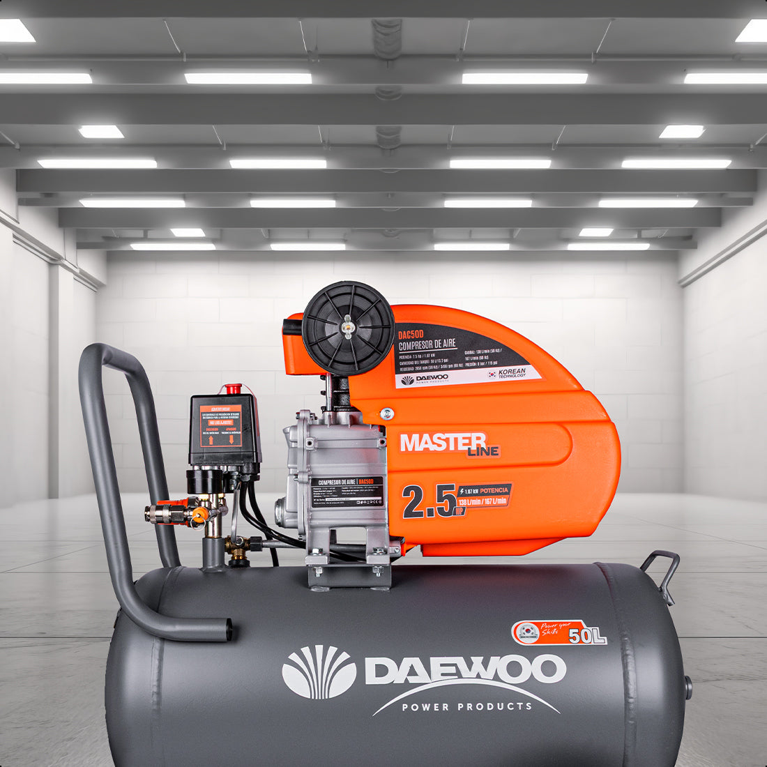 Compresor de aire, lubricado, horizontal 50L 2.5HP 110V 115psi DAEWOO