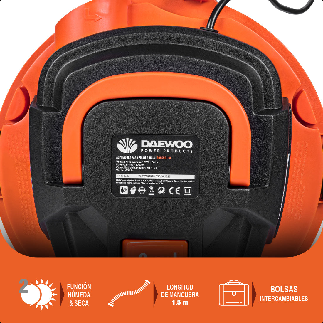 Aspiradora Polvo y Agua 15 litros 4HP Seco/Húmedo DAEWOO