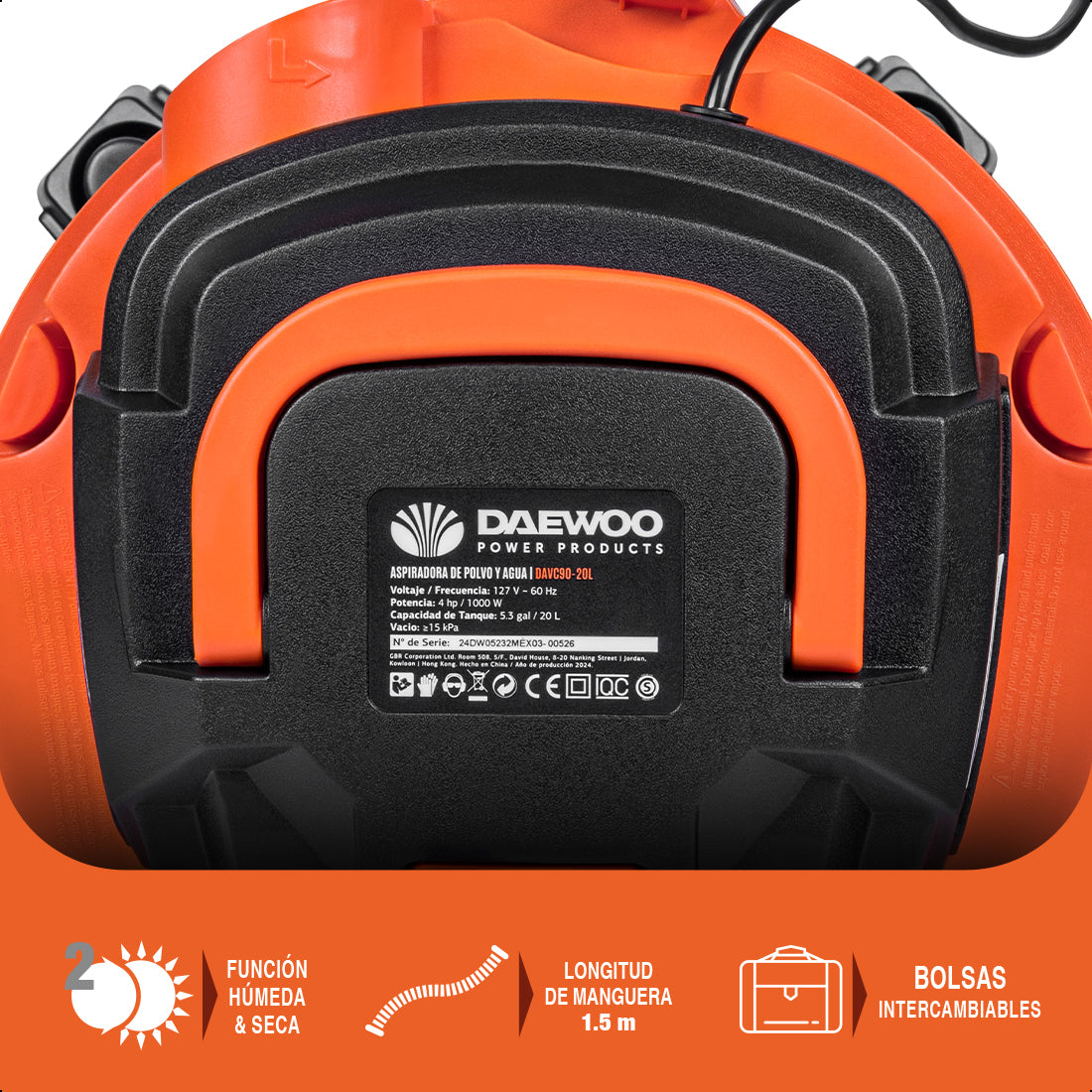 Aspiradora Polvo y Agua 20 litros 4HP (+accesorios) DAEWOO