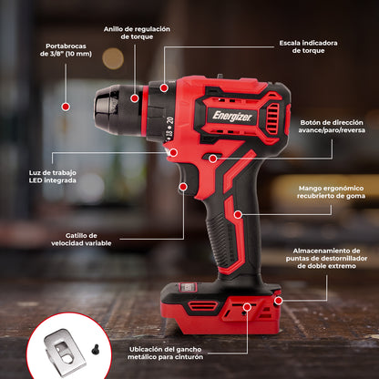 Taladro Inalámbrico 3/8” 20V ENERGIZER con Batería 2Ah y Cargador – Uso Doméstico y Profesional