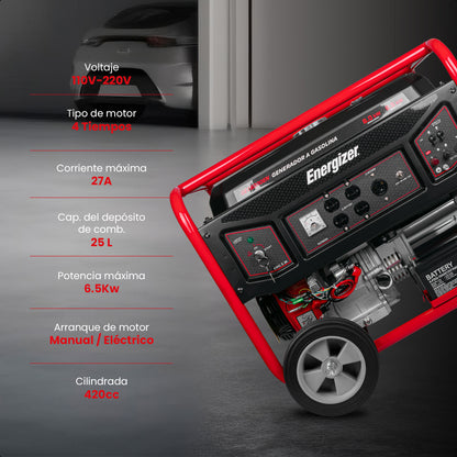 Generador portátil 6.5 kW 420CC 25L Regulador Voltaje Arr Man ENERGIZER